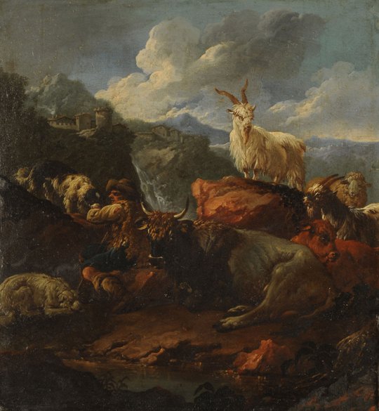 Pastor y animales en un paisaje