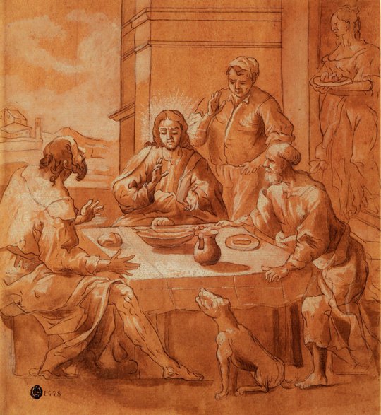 Jesús con dos discípulos en la mesa