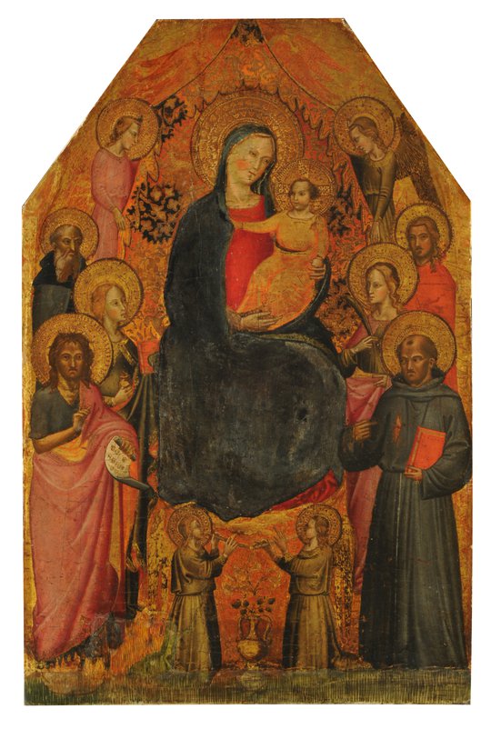 Virgen y Niño rodeados de santos y ángeles