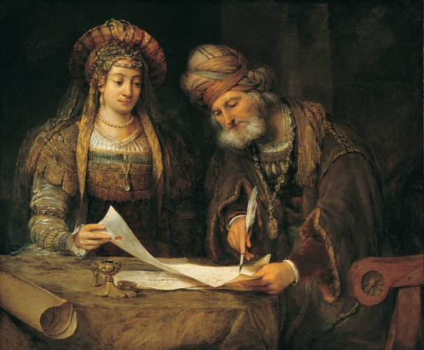 Ester y Mardoqueo escribiendo la primera carta del Purim (Ester, 9:20-21)
