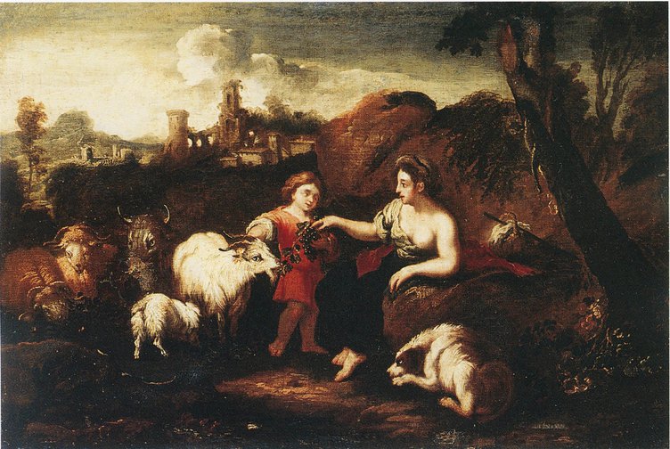 Paisaje con figuras y animales. (Tit. Ant.: Un pastor, cuatro ovejas, una vaca y un perro) Paisaje con figuras y animales. (Tit. Ant.: Un pastor, cuatro ovejas, una vaca y un perro)