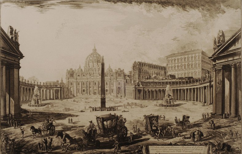 Veduta della gran Piazza e Basilica di S. Pietro situata ove erano anticamente il Circo e gl'Orti di Cajo e Nerone nella Valle Vaticana